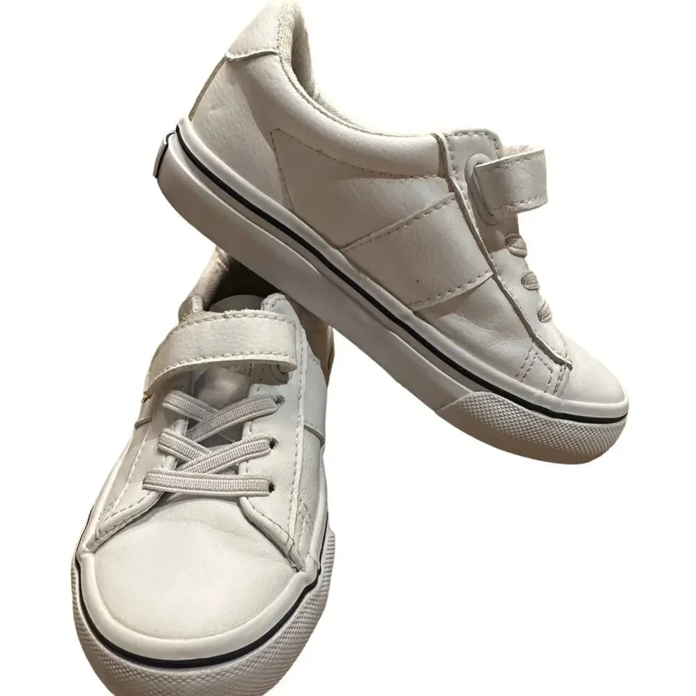 Polo Ralph Lauren Boys Size 9 White Leather Sneakers Grip Closure Elastic Laces